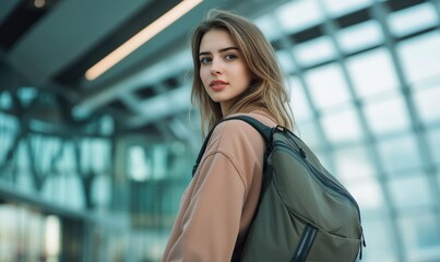 Wall Mural - A woman wearing a brown sweater and carrying a green backpack