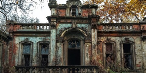 Poster - Abandoned old building showcasing unique architecture features, highlighting the charm of its facade while emphasizing the beauty found in the forgotten elements of the old building.