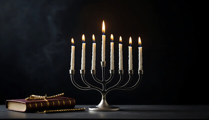 Minimalist Hanukkah setting featuring lit menorah against dark background copy space