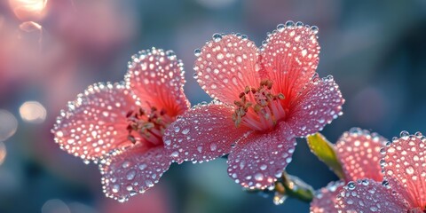 Wall Mural - Graceful Cetinoi flower blooms adorned with dew drops, illuminated by the sunlight, create a stunning and picturesque scene of natures beauty.
