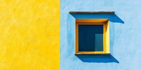 Poster - Fragment of vibrant yellow and blue walls showcasing an interesting architectural detail, emphasizing the unique interplay of colors in the building s design. Yellow and blue walls bring character.