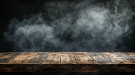 Aufkleber - Empty wooden table with smoke rising in a dark background, creating the perfect empty space for showcasing your products and emphasizing their unique features in a striking setting.