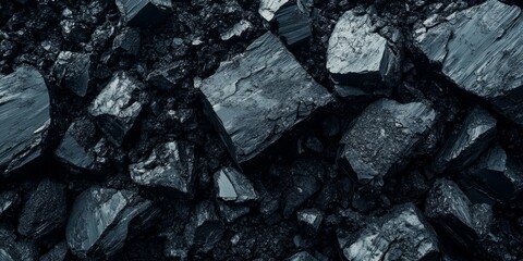 Aufkleber - Large pieces of black coal arranged in a pile create a striking background. The texture of the black coal adds depth and character to the visual, making it an impactful image of black coal.