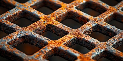 Poster - Close up view showcasing the texture of a rusty metal grid, emphasizing the intricate details of the rusty metal grid for a striking visual impact.