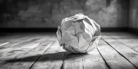 Leinwandbilder - Crumpled monochrome paper ball and lumpy white sheet on a wooden floor create a unique visual composition, highlighting the textures and contrasts of monochrome paper.