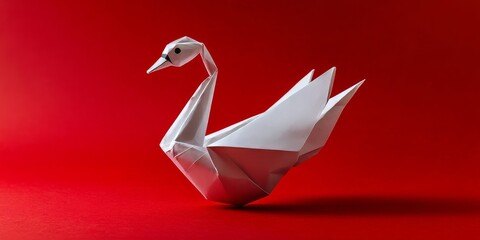 Aufkleber - Elegant origami swan displayed against a vibrant red background, showcasing the intricate artistry of origami. This origami swan captures attention with its striking design and color contrast.