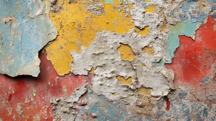 Wall Mural - Close up view of an aged, multicolored plastering surface, capturing the unique textures and colors that characterize this old plastering surface in vibrant detail.