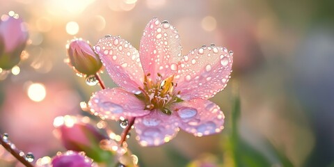 Wall Mural - Graceful Cetinoi flower blooms adorned with dew drops, illuminated by the sunlight, create a stunning and picturesque scene of natures beauty.
