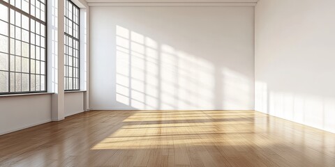 Poster - Minimalist interior decor highlights spacious empty walls paired with warm wooden flooring, creating a simple yet stylish aesthetic that emphasizes openness and tranquility.