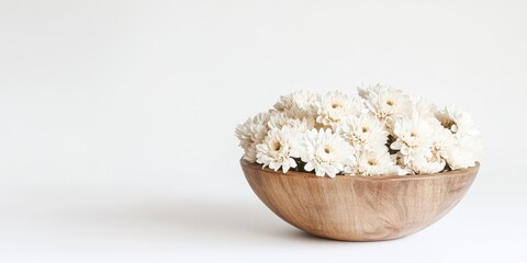 Aufkleber - In a white background featuring ample blank space, you can find dried white chrysanthemums arranged in a wooden bowl, creating a serene and minimalist display.