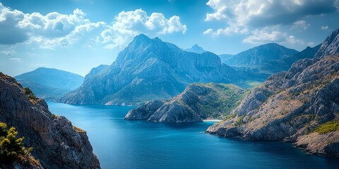 Aufkleber - Scenic view of mountains alongside the sea, creating a breathtaking backdrop. The contrast of mountains and sea offers a stunning visual experience, highlighting the beauty of nature s landscape.