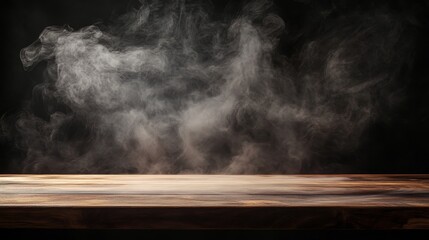 Fototapete - Empty wooden table with smoke rising in a dark background, creating the perfect empty space for showcasing your products and emphasizing their unique features in a striking setting.