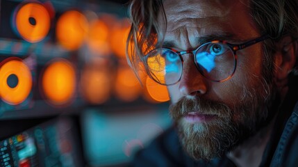 Bearded Man Wearing Glasses Works In Front Of Bright Screens