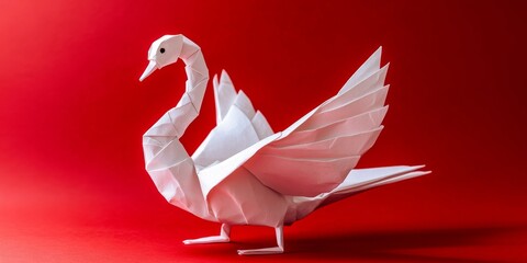 Aufkleber - Elegant origami swan displayed against a vibrant red background, showcasing the intricate artistry of origami. This origami swan captures attention with its striking design and color contrast.