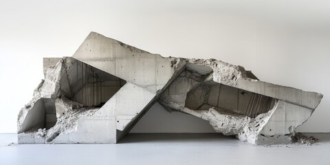 Leinwandbilder - Large concrete fragments showcasing the remains of a structure with exposed rebar, set against a white background, emphasize the raw beauty of these concrete fragments in an artistic way.