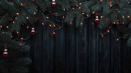 Wall Mural - Merry Christmas and Happy New Year, postcard with garland, Christmas tree branches and black wood texture on the background