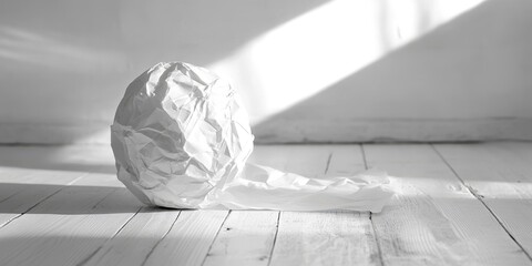 Leinwandbilder - Crumpled monochrome paper ball and lumpy white sheet on a wooden floor create a unique visual composition, highlighting the textures and contrasts of monochrome paper.