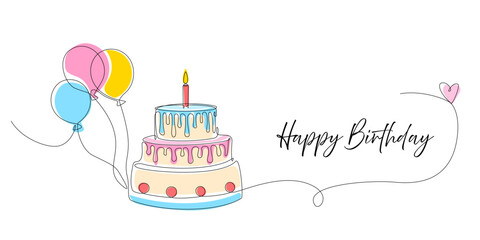 Wall Mural - Continuous line drawing of birthday cake with candles and balloons. Birthday cake one line colored drawing in single line art style. Doodle sketch concept. Editable stroke Vector Illustration