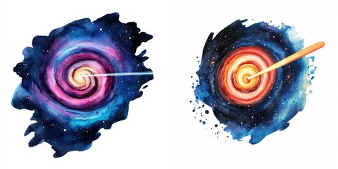 Wall Mural - laser beams interaction concept. Abstract artwork depicting two swirling galaxies in vibrant colors, highlighting cosmic beauty and motion through bright, dynamic elements.
