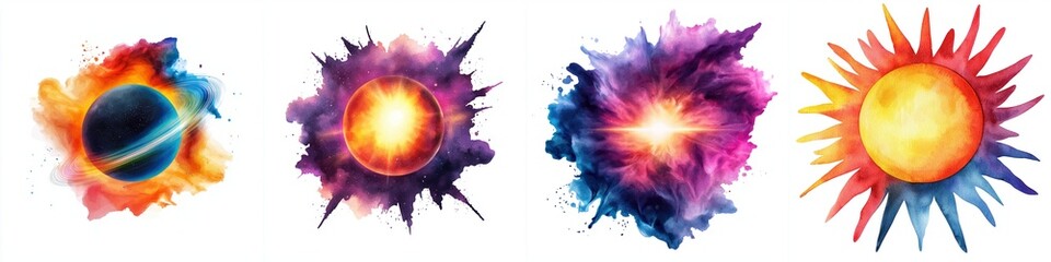 Wall Mural - laser beams interaction concept. A vibrant illustration featuring celestial bodies, including a planet and various star-like forms, radiating colorful energy and cosmic elements.