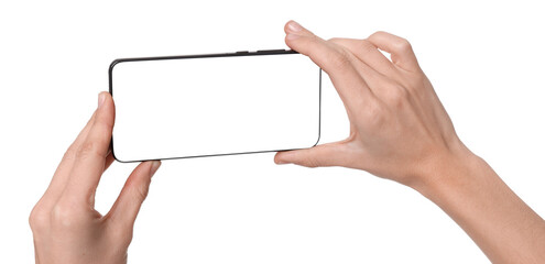 woman with modern smartphone on white background, closeup