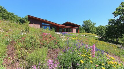 Wall Mural - Modern hillside home with vibrant wildflowers.