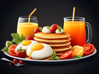 Poster - Delicious breakfast platter with pancakes, fried eggs, strawberries, tomatoes, and orange juice.