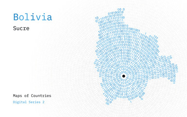 A map of Bolivia depicted in zeros and ones in the form of a circle. The capital, Sucre, is shown in the center of the circle
