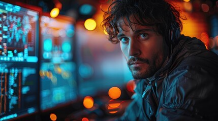 Young Man Working Late at Night With Computer Screens