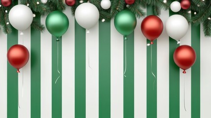 Wall Mural - Merry Christmas, postcard with green and white striped texture on the background, garlands and balloons