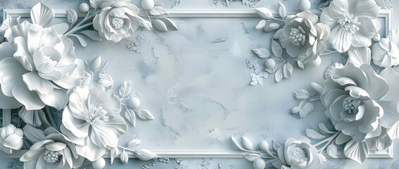 Wall Mural - blue and white stucco wallpaper with white flowers and decorative elements