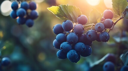 Poster - Ripe blueberries growing on bush at sunset