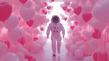 Aufkleber - An astronaut in a white suit strides confidently through a bright hallway filled with pink hearts and balloons. The atmosphere is whimsical and cheerful, creating a surreal experience.