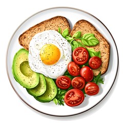 Sticker - Delicious breakfast of fried egg, avocado, cherry tomatoes, and whole wheat toast.