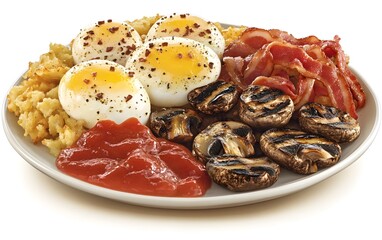 Wall Mural - Delicious breakfast plate with poached eggs, bacon, grilled mushrooms, hash browns, and ketchup.