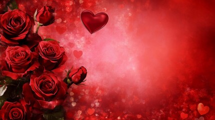 Poster - This vibrant display features a cluster of red roses alongside playful hearts, set against a rich red and pink background. Ideal for expressing affection, romance, and passion.