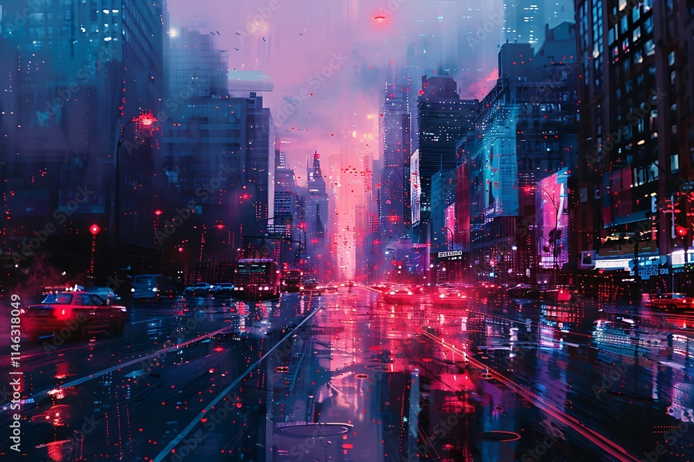 Vibrant night scene of traffic in times square new york city urban art ...