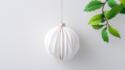 Wall Mural - White origami paper Christmas ball ornament hanging against a white background with holly.