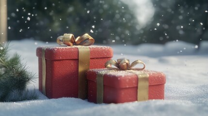 Wall Mural - christmas presents on a snowy background