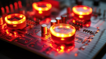 Aufkleber - A close-up of a circuit board with glowing red components, showcasing electronic technology.