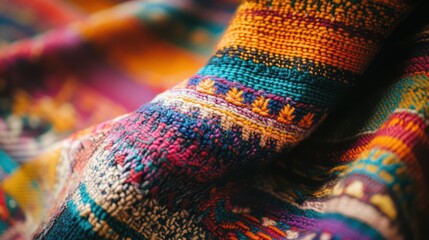 Poster - A close-up of a vibrant, woven textile showcasing intricate patterns and colors.