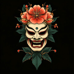 Wall Mural - Noh Mask tattoo flash illustration