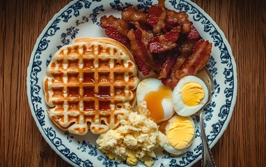 Sticker - Delicious breakfast plate with waffles, bacon, eggs, and scrambled eggs.