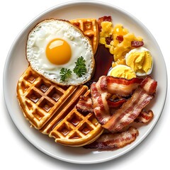 Sticker - Delicious breakfast plate with waffles, fried egg, bacon, and boiled eggs.