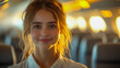 © Vadymation - A friendly stewardess smiles warmly inside an airplane cabin, embodying hospitality and professionalism, ensuring a pleasant flight experience for all passengers.