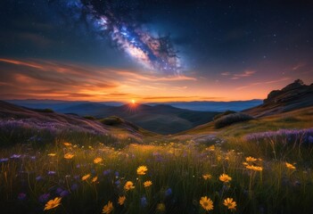 Wall Mural - breathtaking expansive landscape bathed twilight beneath star studded night sky dazzling celestial bodies, stars, twinkle, horizon, nature, wilderness