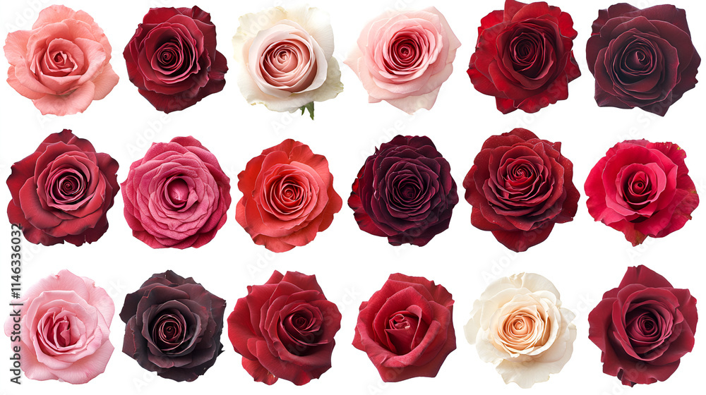 Set of red rose flowers in different camera angles isolated on white ...