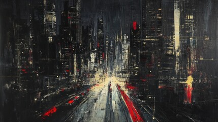 Poster - A dark, abstract cityscape with illuminated streets and towering buildings.