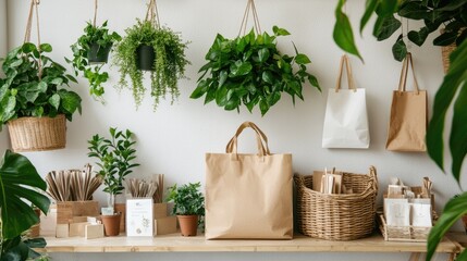 Wall Mural - Business shop boutique concept. A cozy display of greenery with hanging plants, potted herbs, and eco-friendly bags, creating a fresh and inviting atmosphere.