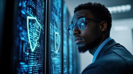 Fototapete - A focused individual in a suit examines digital security data on screens.